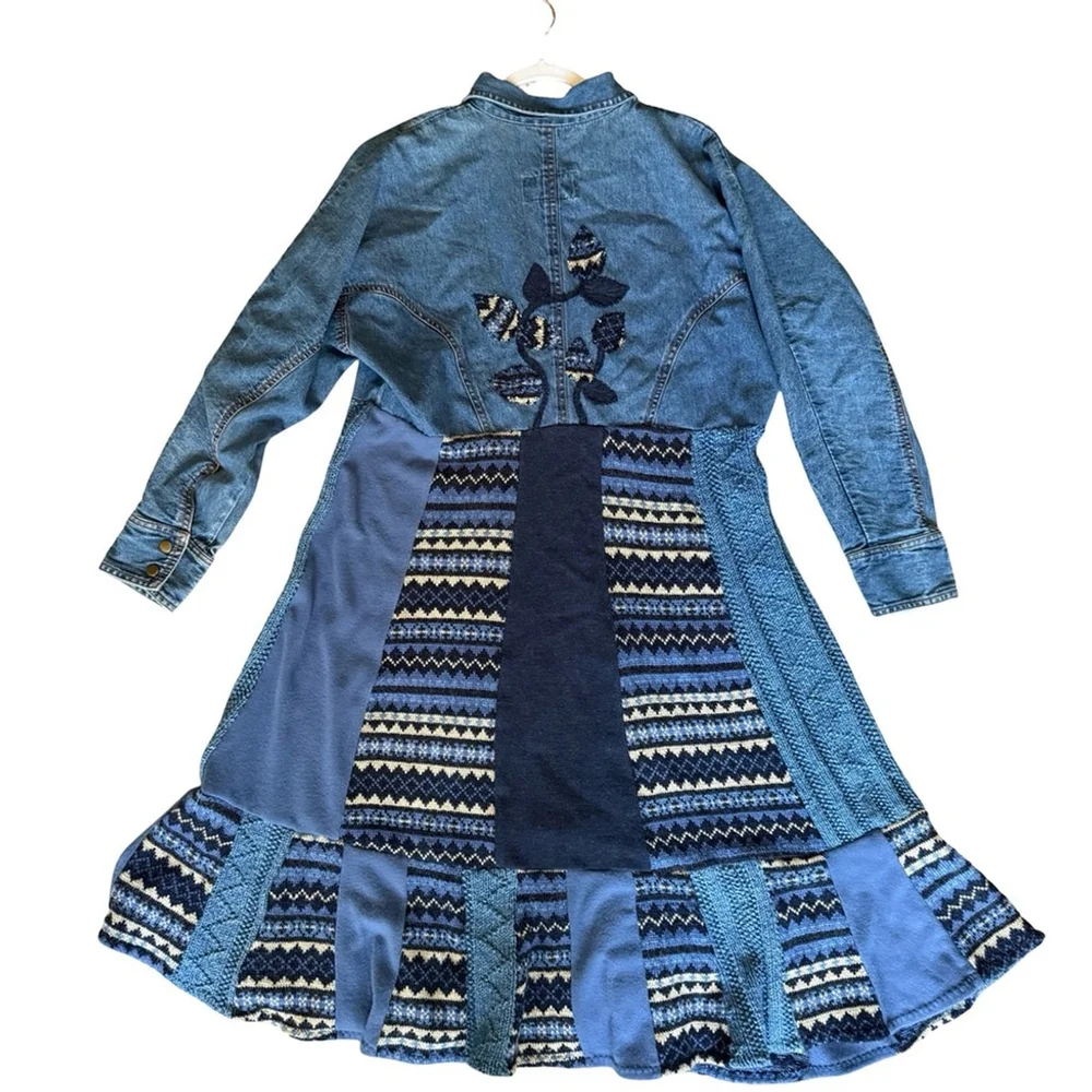 Handmade Upcycled Denim Patchwork Maxi Dress Size XL Artisan Eco-Friendly - Picture 4 of 16